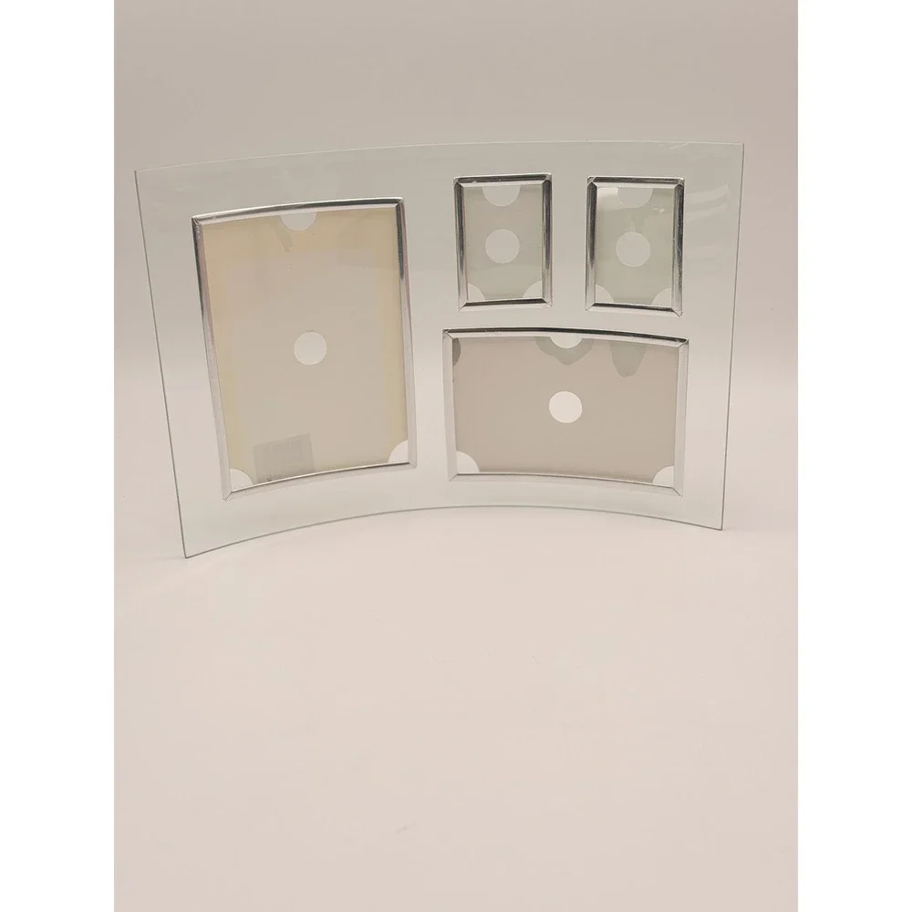 Modern Curved Glass 4 Opening Multi Picture Frame Silver Trim Tabletop 14.5x10.5